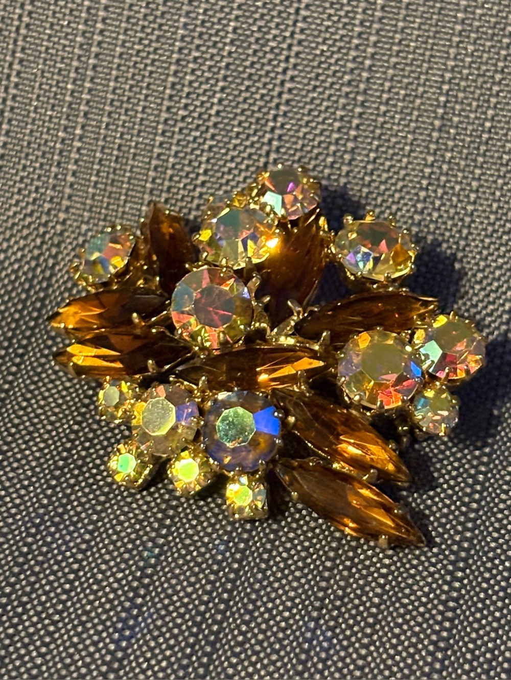 Vintage Aurora Borealis Rhinestone Brooch | Amber Floral Spray Pin